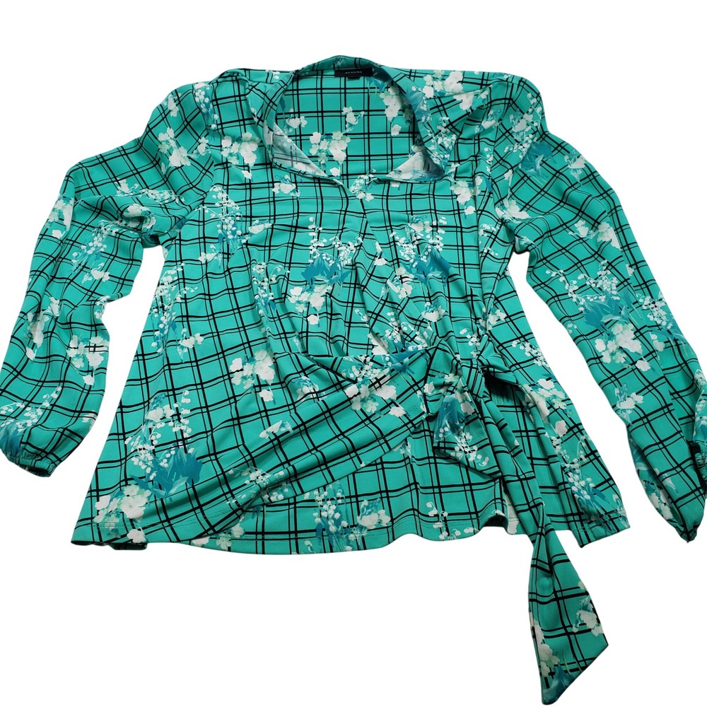Alfani Teal Floral Plaid Wrap Blouse Long Sleeve V-Neck Top Large‎ SP19